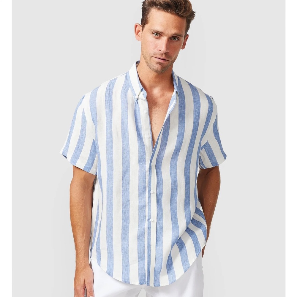Vacay Blue Stripe Ss linen shirt - brand new